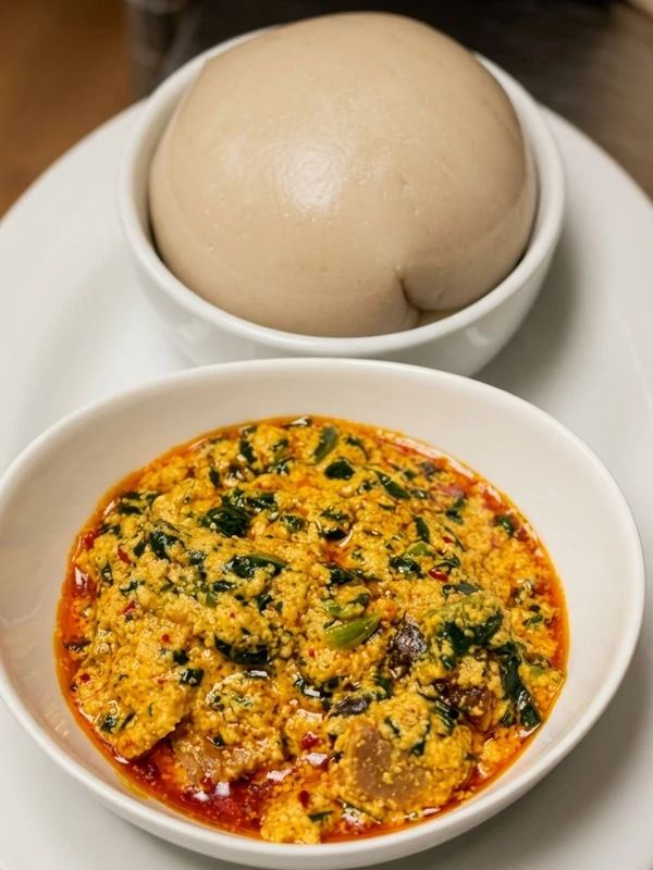 Nigerian egusi soup simmered fresh at Lagos Flavors in Queen Mary Park, Edmonton, AB