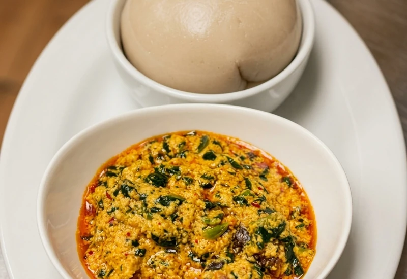 Nigerian egusi soup with assorted meats served with swallow at Lagos Flavors in Edmonton, AB