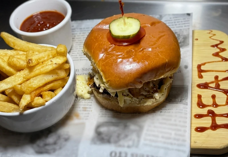 Spicy Lagos Heat-Wave chicken burger with fries at Lagos Flavors in Queen Mary Park, Edmonton, AB