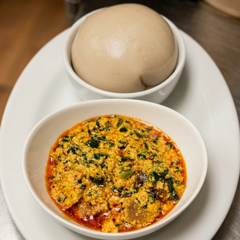 Nigerian egusi soup with assorted meats served with swallow at Lagos Flavors in Edmonton, AB