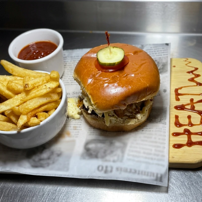 Spicy Lagos Heat-Wave chicken burger with fries at Lagos Flavors in Queen Mary Park, Edmonton, AB