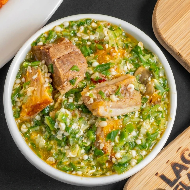 Nigerian okra soup with assorted meats served with swallow at Lagos Flavors in Edmonton, AB
