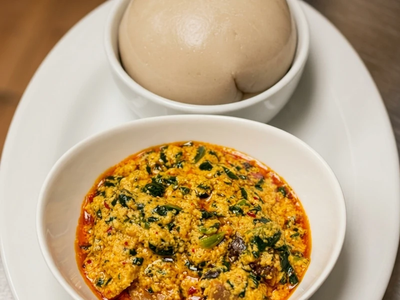 Nigerian egusi soup with assorted meats served with swallow at Lagos Flavors in Edmonton, AB